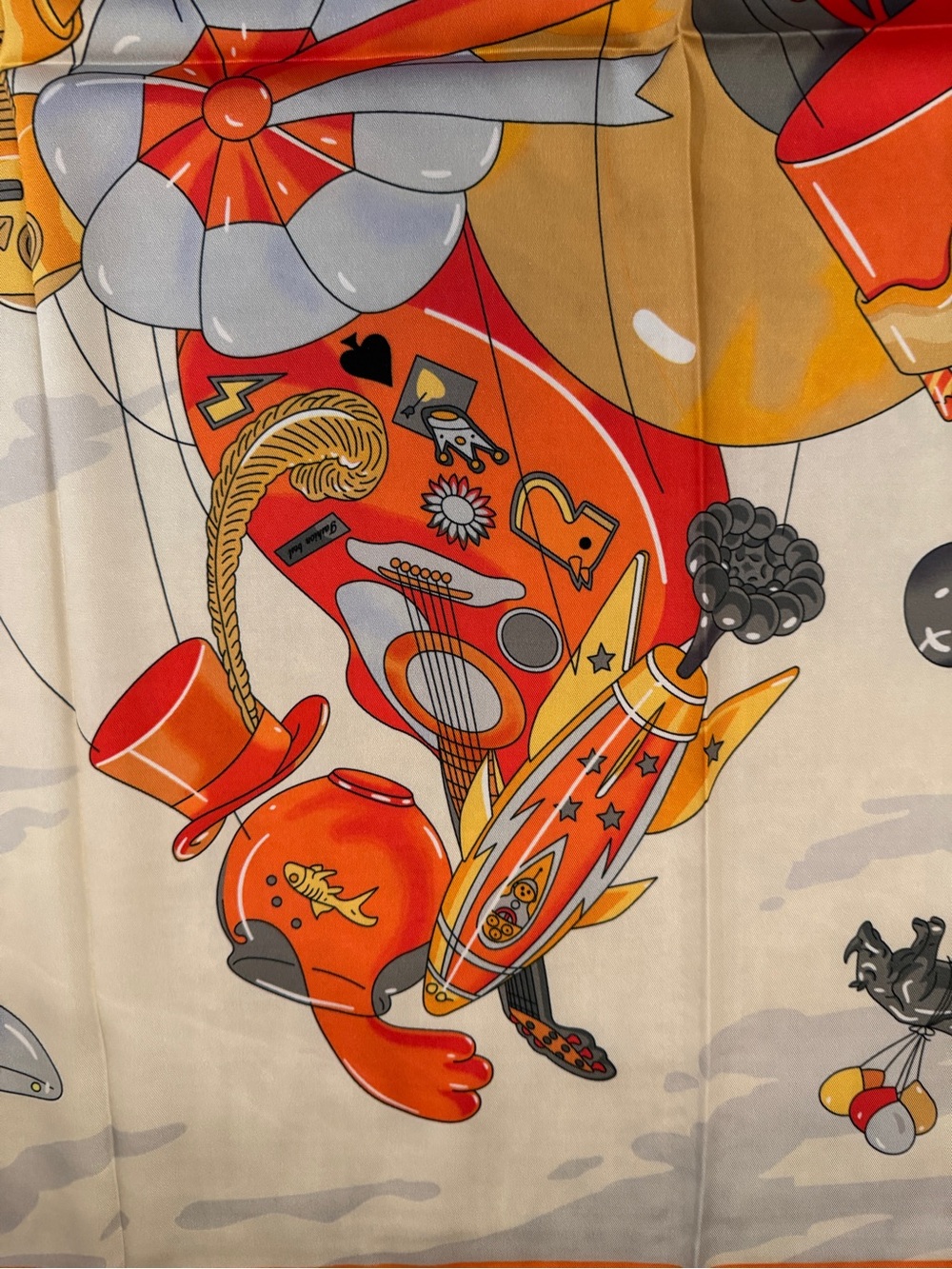 Luxury 90cm Silk Scarf with Yellow, Red & Cream Illustration - Picture 4 of 8